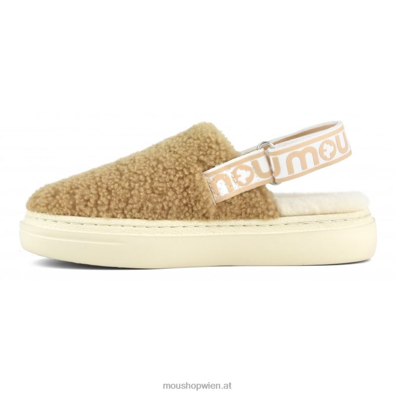 Frauen Kräftiger Clog aus lockigem Schaffell und Fersenriemen Mou P660X520 Cognac