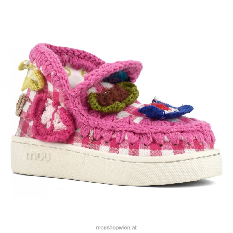 Kinder Sommer-Eskimo-Sneaker mit gehäkelten Schmetterlingen Mou P660X785 rosa Karos