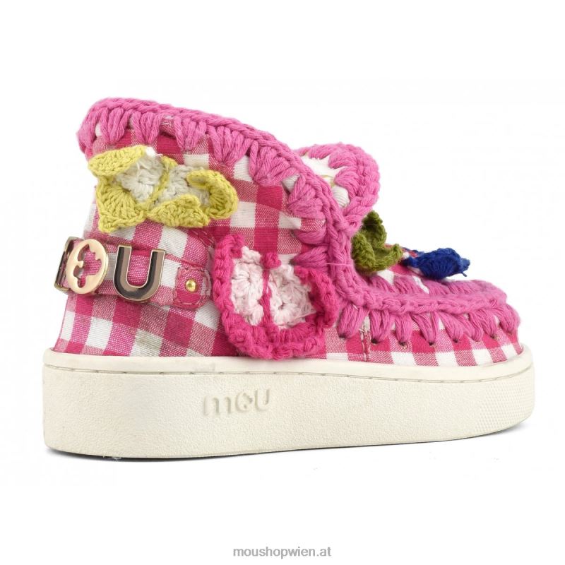 Kinder Sommer-Eskimo-Sneaker mit gehäkelten Schmetterlingen Mou P660X785 rosa Karos