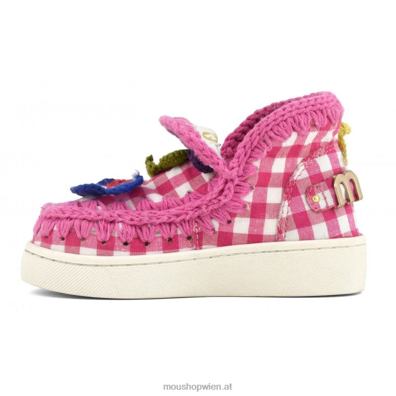 Kinder Sommer-Eskimo-Sneaker mit gehäkelten Schmetterlingen Mou P660X785 rosa Karos