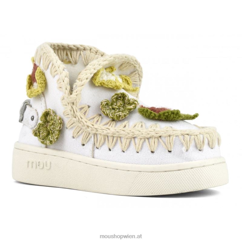 Kinder Sommer-Eskimo-Sneaker mit gehäkelten Schmetterlingen Mou P660X786 Weißes Canvas-Metall-Logo in Gold