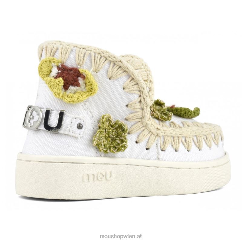 Kinder Sommer-Eskimo-Sneaker mit gehäkelten Schmetterlingen Mou P660X786 Weißes Canvas-Metall-Logo in Gold