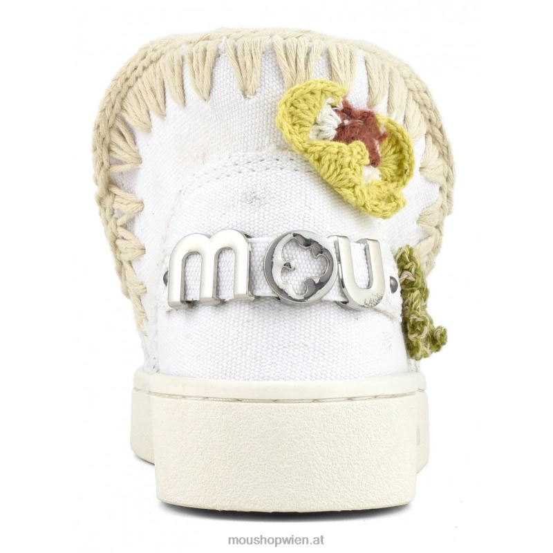 Kinder Sommer-Eskimo-Sneaker mit gehäkelten Schmetterlingen Mou P660X786 Weißes Canvas-Metall-Logo in Gold