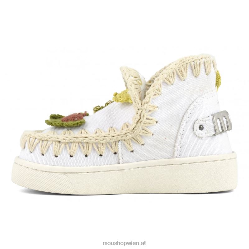Kinder Sommer-Eskimo-Sneaker mit gehäkelten Schmetterlingen Mou P660X786 Weißes Canvas-Metall-Logo in Gold