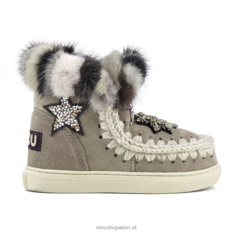 Kinder Eskimo-Sneaker-Stern-Patches und Nerzpelzbesatz Mou P660X805 Elefantengrau