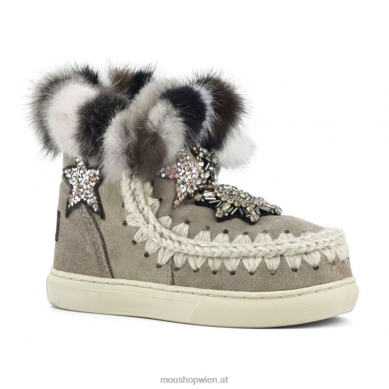Kinder Eskimo-Sneaker-Stern-Patches und Nerzpelzbesatz Mou P660X805 Elefantengrau